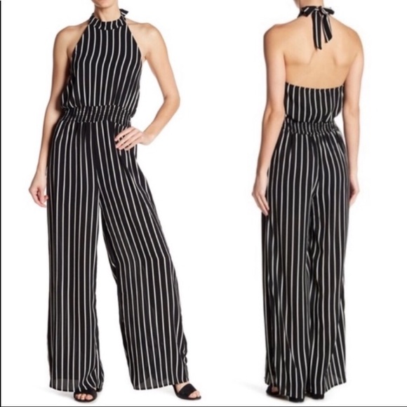 stripe halter wide leg jumpsuit